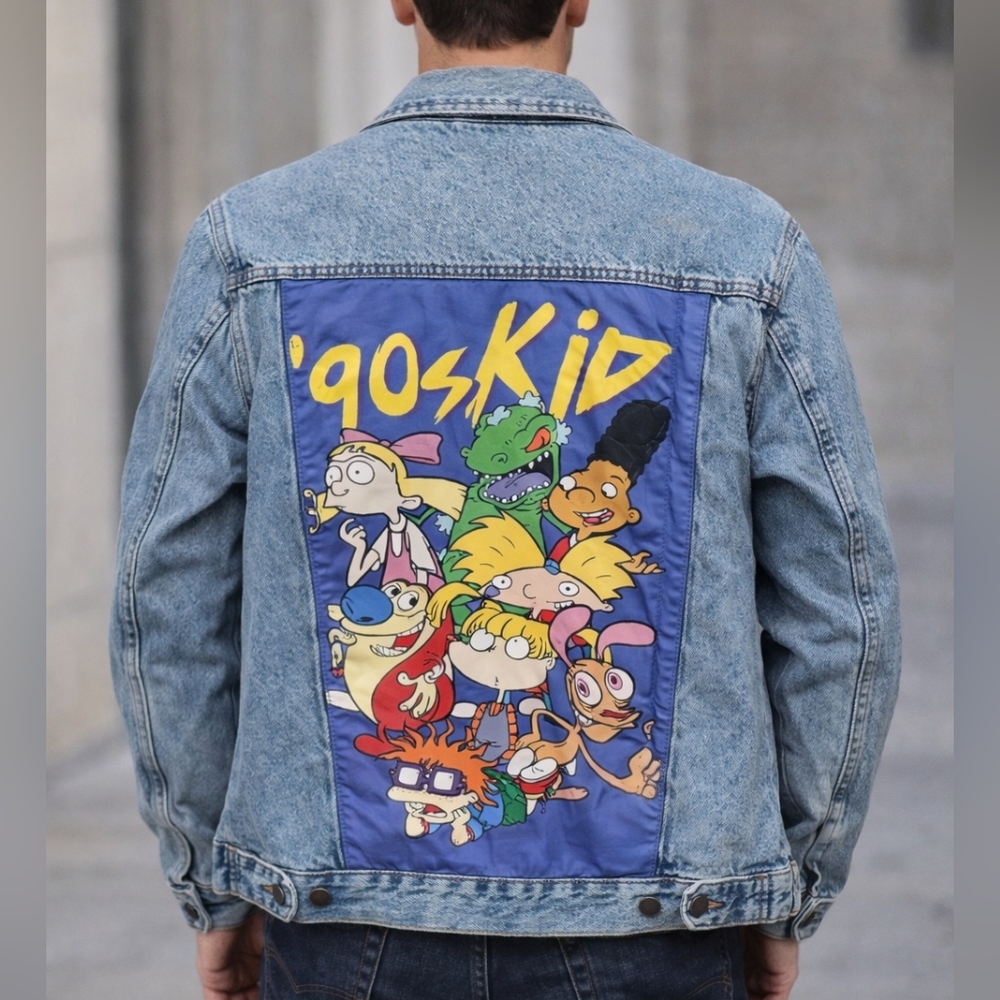 Nickelodeon Blue Jean Denim Jacket 90s Cartoon Characters Men sz M